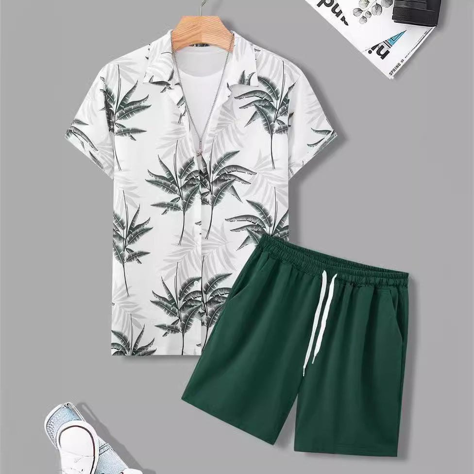 Men's Summer New Street Hipster Black And White Striped Hawaiian Beach Suit