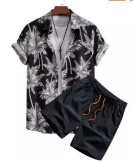 Men's Summer New Street Hipster Black And White Striped Hawaiian Beach Suit