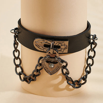 Gothic Heart-Shape Lock Link Leather Metal Snap Button Bracelet