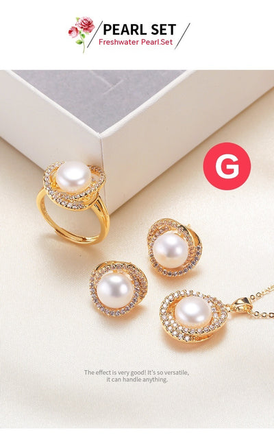 Pearl Necklace Ring Earings Set