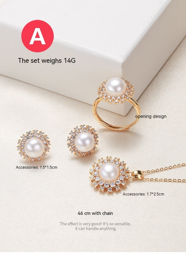 Pearl Necklace Ring Earings Set