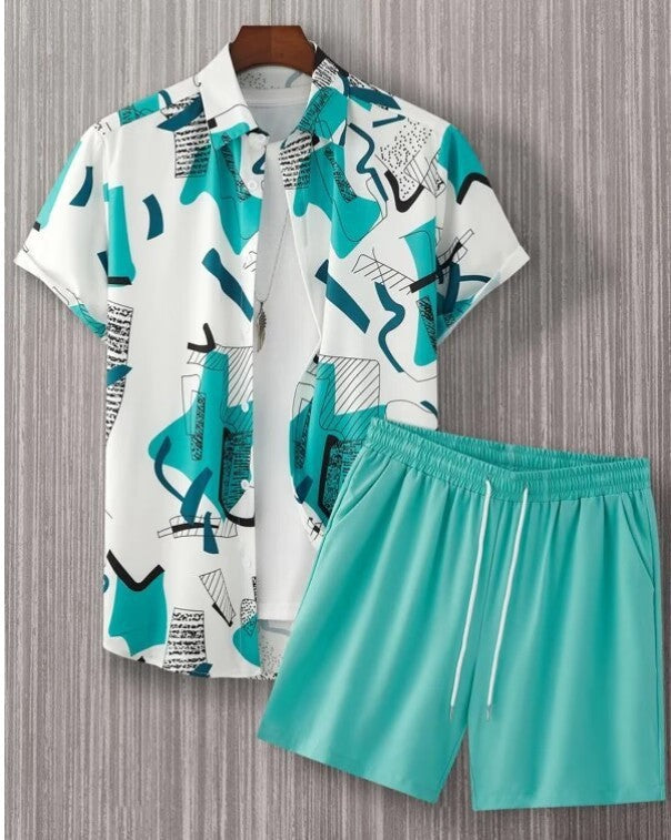 Men's Summer New Street Hipster Black And White Striped Hawaiian Beach Suit