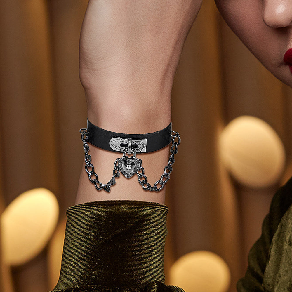 Gothic Heart-Shape Lock Link Leather Metal Snap Button Bracelet
