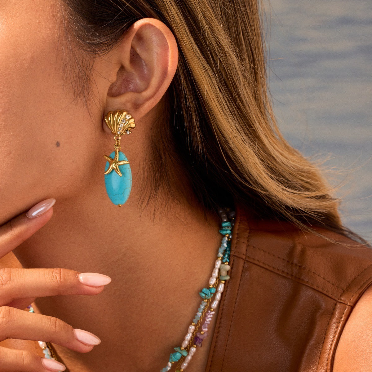 Natural Stone Turquoise Earrings Stainless Steel Eardrop Earrings