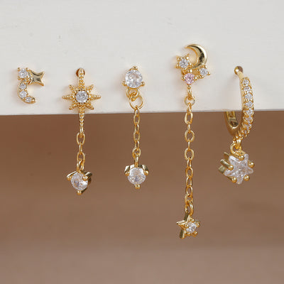 Five-piece Earings Set Chain Star Moon