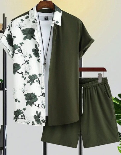 Men's Summer New Street Hipster Black And White Striped Hawaiian Beach Suit