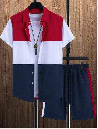 Men's Summer New Street Hipster Black And White Striped Hawaiian Beach Suit