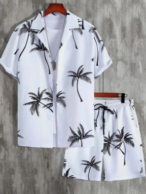 Men's Summer New Street Hipster Black And White Striped Hawaiian Beach Suit