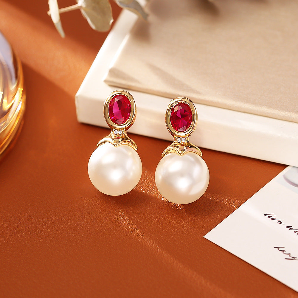 High-grade Ruby Pearl Stud Earrings Fashion Simple