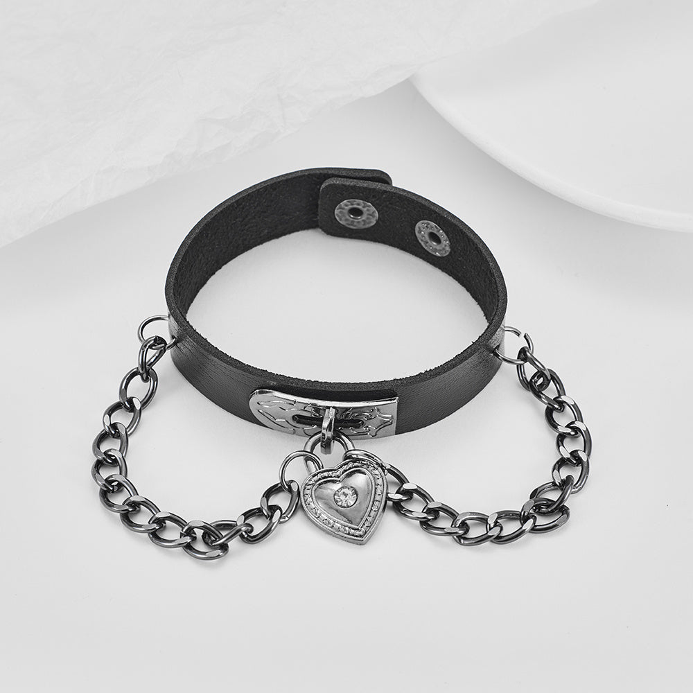 Gothic Heart-Shape Lock Link Leather Metal Snap Button Bracelet