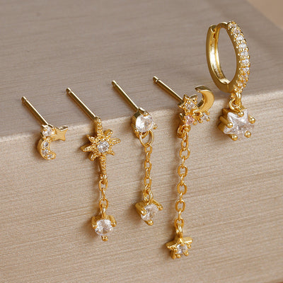 Five-piece Earings Set Chain Star Moon