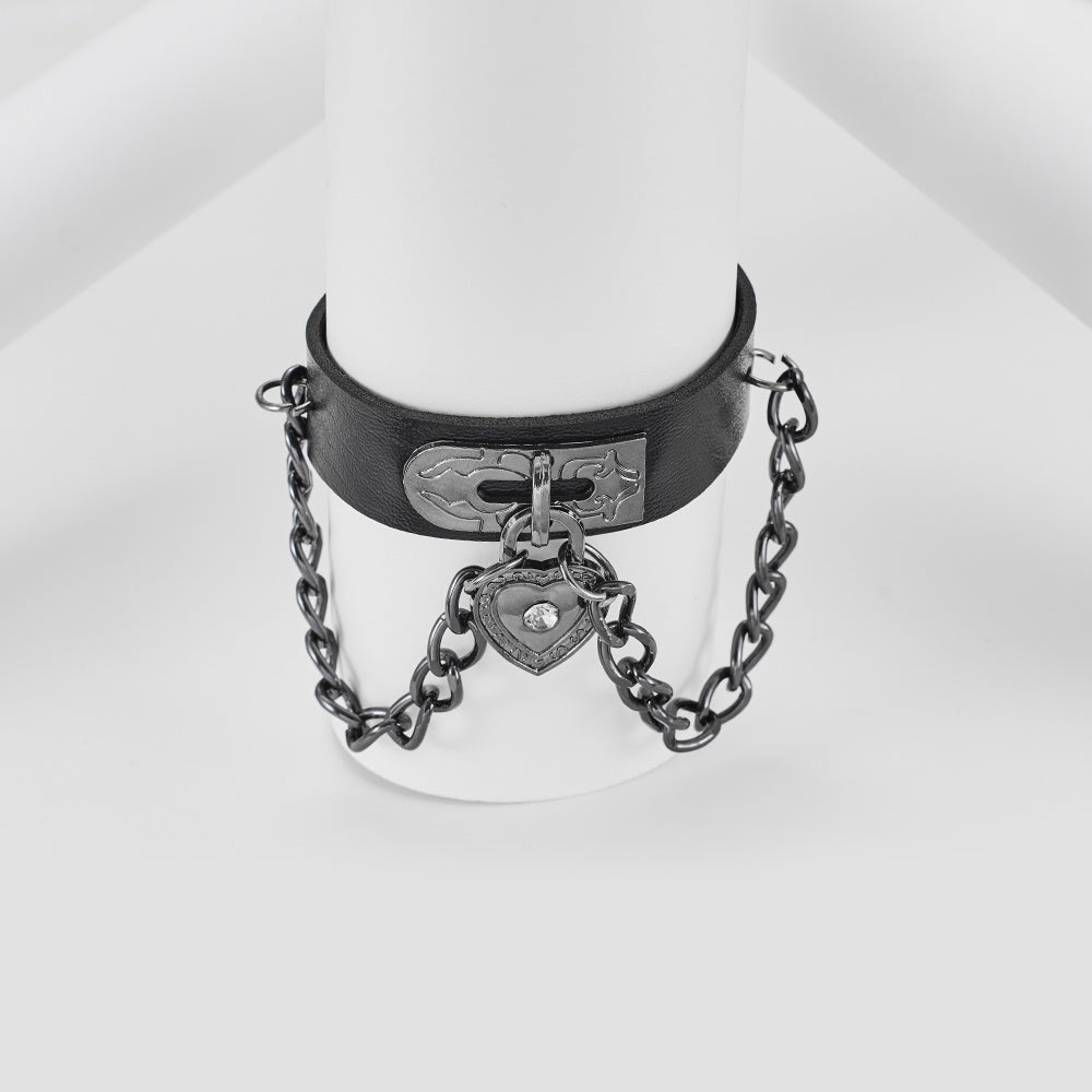 Gothic Heart-Shape Lock Link Leather Metal Snap Button Bracelet