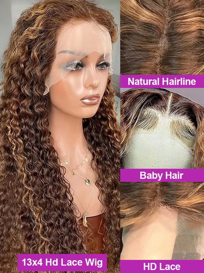 Highlight 7x5 Deep Wave Curly Glueless Lace Frontal Human Hair Wig Colored Water Wave 13x4 13x6 HD Lace Front Wig For Women 250%