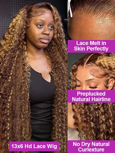 Highlight 7x5 Deep Wave Curly Glueless Lace Frontal Human Hair Wig Colored Water Wave 13x4 13x6 HD Lace Front Wig For Women 250%