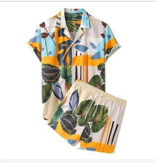 Men's Summer New Street Hipster Black And White Striped Hawaiian Beach Suit