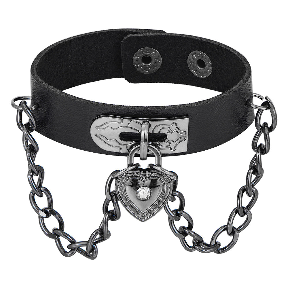 Gothic Heart-Shape Lock Link Leather Metal Snap Button Bracelet