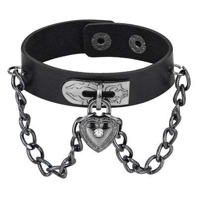 Gothic Heart-Shape Lock Link Leather Metal Snap Button Bracelet