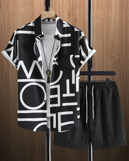 Men's Summer New Street Hipster Black And White Striped Hawaiian Beach Suit