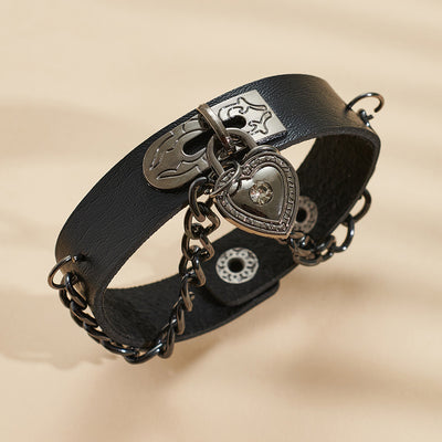 Gothic Heart-Shape Lock Link Leather Metal Snap Button Bracelet