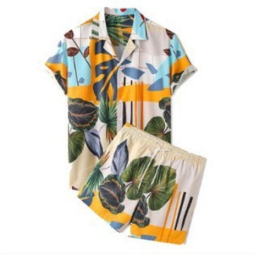 Men's Summer New Street Hipster Black And White Striped Hawaiian Beach Suit