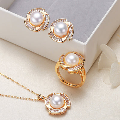 Pearl Necklace Ring Earings Set