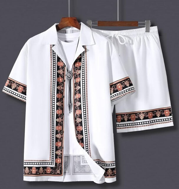 Men's Summer New Street Hipster Black And White Striped Hawaiian Beach Suit