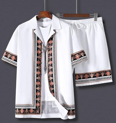 Men's Summer New Street Hipster Black And White Striped Hawaiian Beach Suit