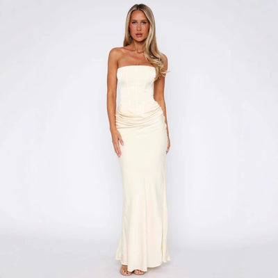 Wrapped Chest Lace-up Fishbone Slim Sheath Satin Long Dress